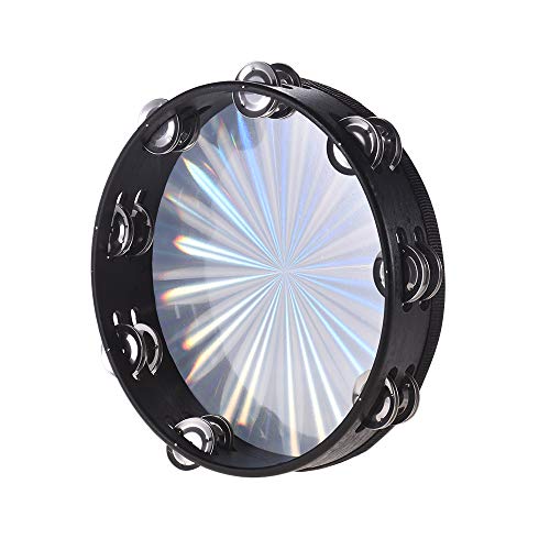 Muslady 8 inch /10 inch Wooden Radiant Tambourine Handbell Hand Drum with Double Row Jingles Reflective Drum Head Percussion Instrument Musical Toy