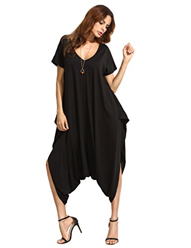 SheIn Women's Casual V Neck Short Sleeve Loose Harem Jumpsuit Romer XX-Large Black - Thumbnail 2