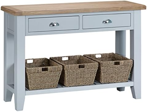 Taunton Grey Painted Large Console Table 2 Drawers 3 Basket with Lime wash Oak Tops