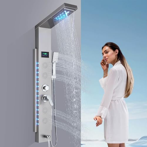 Panel de Ducha con Grifo para Bañera y Hidromasaje LED - Kit Completo en Acero Inoxidable Antical, 5 Funciones (Cabezal Fijo, Ducha de Mano, Caño), Fácil Instalación