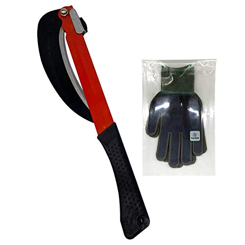 TULGIGS Portable Foldable Sickle (16.9"X 9.85") Carbon Stainless Steel Grass Folding Sickles for Lawn Gardening Farming, Weeding Weed eliminating Nylon Work Gloves M Size with Dots
