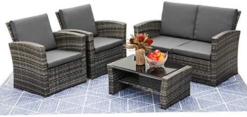 LayinSun 4 Piece Outdoor Patio Furniture Sets, Wicker Conversation Sets, Grey Rattan Sofa Chair with Cushion for Backyard Lawn Garden