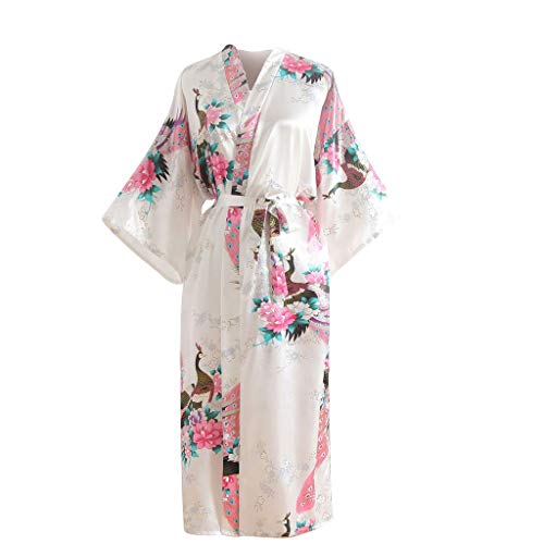 CofeeMO Kimono Satin Floral Print Wrap Pajamas for Women,Soft Flare Sleeve Bathrobe Nightdress(White,Free Size) - Thumbnail 3