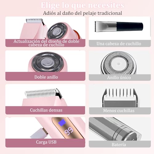 JDF3CISH 2 En 1 Rasuradora Electrica Mujer, Depiladora Electrica Portátil, Flawless Depilador Facial, USB Recargable, Uso en Seco y Húmedo, No Irritante,para Bikini Axilas Piernas Facial Brazos (Rosa）