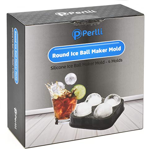 Perlli Ice Ball Maker Mold - Makes 4 Large Round Sphere Balls - Flexible Food Grade Silicone Circular Ice Tray 5 X 5cm Ice Ball Spheres for Drinks Whiskey Bourbon Scotch