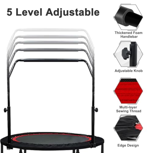 Fitness Trampoline Foldable Exercise Rebounder with 5 Level Adjustable Height Foam Handle, Jumping Fitness Silent Trampoline Safety Net Mini Workout Rebounder for Kids Adults Indoor Outdoor Load 180kg