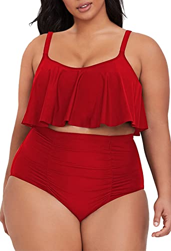 Pink Queen Conjunto de tankini para mujer de talla grande de 2 piezas con control de abdomen y bikini, rojo, 3XL