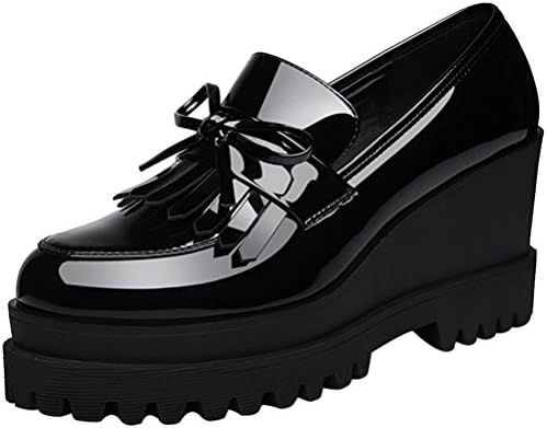 Passionow Women's Sweet Round Toe Tassels Bow Slip-on Platform Wedge Heel Casual Dress Shoes (7 B(M)US,Black)