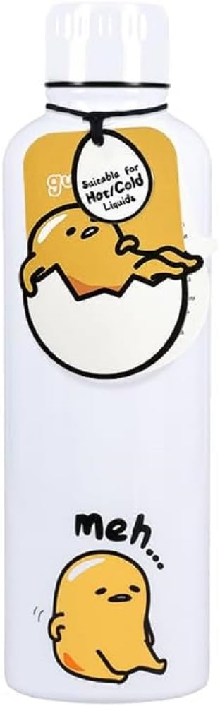 Gudetama Metal Water - Officially Licensed Sanrio Bottle Lazy Egg Cartoon Character, Silver and Yellow Reuseable Drinkware Gift | Paladone