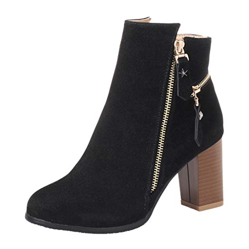 TnaIolral Women Booties Comfortable Round Toe Zipper Thick Heel Casual Work Ankle Shoes (US:5, Black)