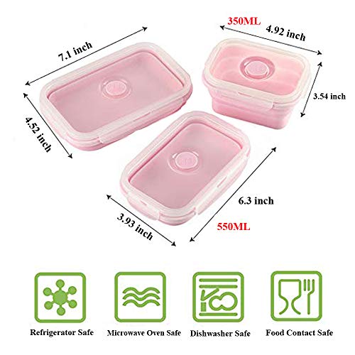 Silicone Lunch Box Portable Collapsible Folding Food Storage Container Kitchen Microwave, Dishwasher and Freezer Safe Household Picnic bento box for teens Pink(3pcs)