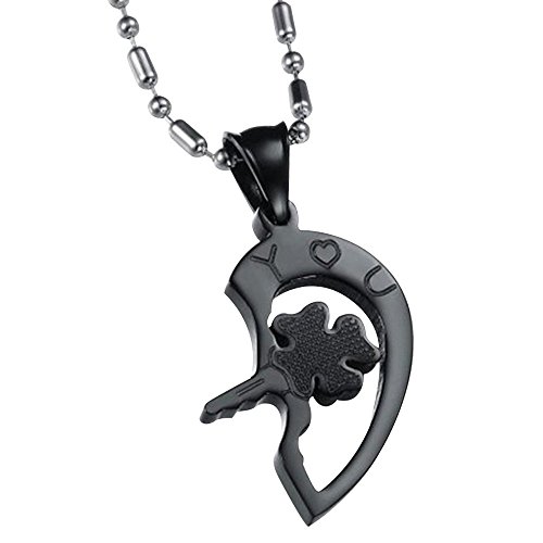 Happy Hours - His and Hers Heart Shape Couples Necklace Engraved I Love You Open Your Heart/Fortunate Four Leaf Clover Key and Stainless Steel Lock Pendant Couples Necklace with Black Bag(Black)