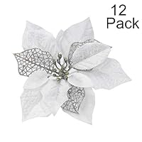 LEVOSHUA 12 Pack Glitter Poinsettia Christmas Tree Ornaments Christmas Tree Decoration Poinsettia Flowers with Stems for Wreath Garland Mantle Centerpiece(Silver)