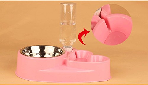 Popowbe Double Pet Bowls Stainless Steel Dog Bowl with No Spill Skidstop Silicone Mat Dog Cat Food Water Feeder with Automatic Water Bottle Pink-160g - Thumbnail 2