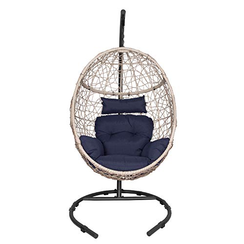Ulax furniture Outdoor Patio Wicker Hanging Basket Swing Chair Tear Drop Egg Chair with Cushion and Stand (Navy) - Thumbnail 5