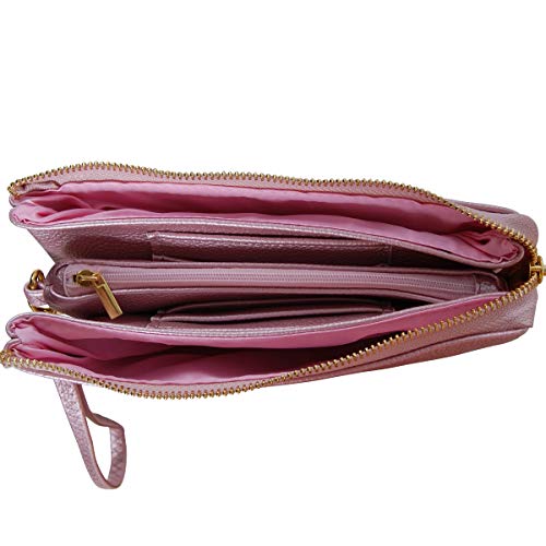 Humble Chic Vegan Leather Small Crossbody Bag or Wristlet Clutch Purse, Includes Adjustable Shoulder and Wrist Straps, Rose Gold, Metallic Pink - Thumbnail 6