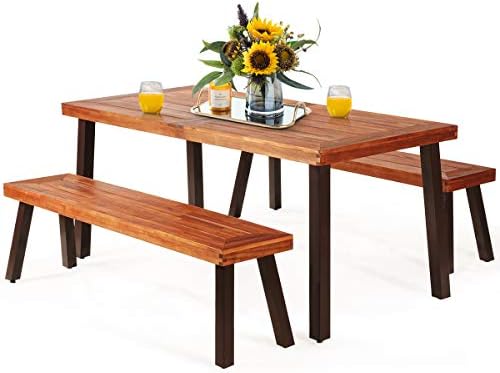 Amazon Com Giantex Patio Dining Table Set With 2 Benches Outdoor Picnic Table Set With Umbrella Hole Acacia Wood Patio Seating And Rectangular Table For Backyard Garden Lawn Rustic Brown Garden Outdoor