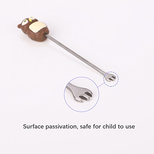Zeltauto 6 Pcs Stainless Steel Fruit Forks Cute Cartoon Animal Food Picks Salad Cake Dessert Forks, Comes with a Ceramic Holder (Owl)