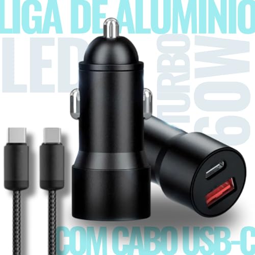 Carregador Veicular Turbo 60W Pro, Kit com Cabo USB-C. Duas portas USB 3.0 + USB-C, Led, Carregamento Rápido 9.1A Fast Charge Carro/Automotivo Compatível com IOS e Android – Premium (Preto)