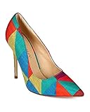 Liliana CB31 Women Multicolor Fabric Geo Pattern Pointy Toe Single Sole Stiletto Pump - Rainbow (Size: 7.5)