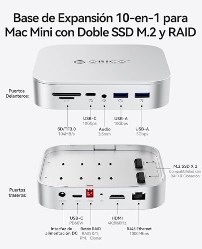 ORICO MiniRaid Dual NVMe/SATA Dock for Mac Mini M4/M4 Pro 10-in-1 USB-C Hub with HDMI 4K60Hz 10Gbps USB C USB A PD60W SD/TF Card Reader RJ45 1000Mbps Dual SSD for Photographers Video Editors MR10