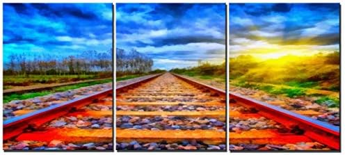 CUFUN Art - Colorful Rail Sunset Painting Prints on Canvas Blue Sky Pictures Wall Art Decoration for Home 30x40cmx3pcs