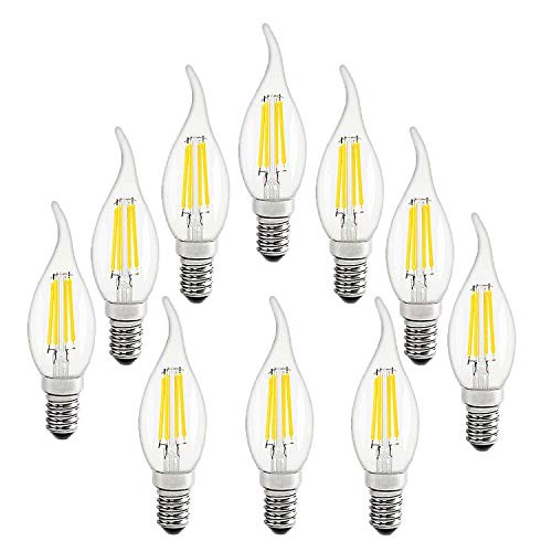 BAISHICHENG 10 Packs E14 Flame Tip LED Filament Candle Light Bulbs 4W 400LM,40W Halogen Bulb Equivalent, 6500K Cool White Non-Dimmable,Small Edison Screw Clear Candle Bulb,AC220-240V