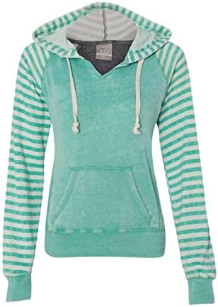 MV Sport W15106 Ladies Angel Fleece Sanded Piper Striped Hooded Pullover - Jade, Medium