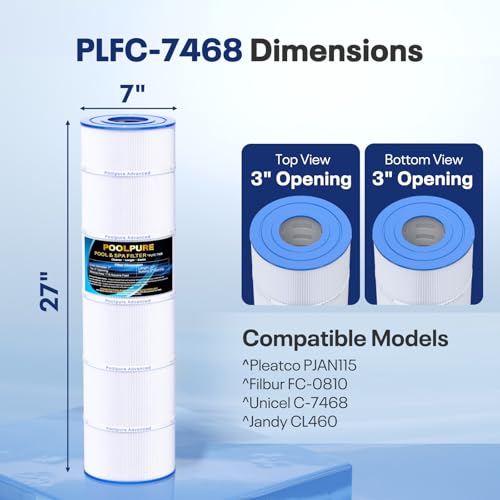 POOLPURE C-7468 Filter Replaces Jandy CL 460, CV460, PJAN115, Ultral-A9, Unicel C-7468, Filbur FC-0810, Excel Filters XLS-705, FC-6410, Aladdin 21501, Baleen AK-60432, 4X115 sq.ft Cartridge 4 Pack
