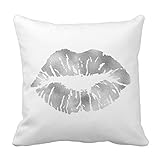 Emvency Throw Pillow Cover Beauty White Silver Gray Glitter Kiss Lips Makeup Center Decorative Pillow Case Home Decor Square 16 x 16 Inch Pillowcase