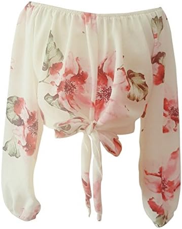 Little Girls Beige Pastel Flower Print Knot Off-Shoulder Long Sleeved Shirt 6