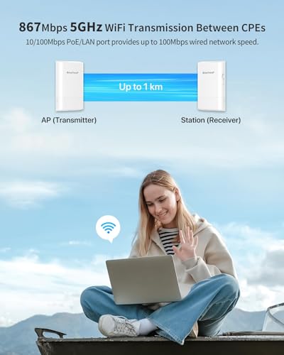 BrosTrend 5GHz 867Mbps Wireless Bridge, 1KM WiFi Bridge, Long Range Point to Point Outdoor CPE for PtP & PtMP, IP65, Plug and Play, Passive PoE Injector, for Barn Farm Garage Building Shop etc. 2 Pack