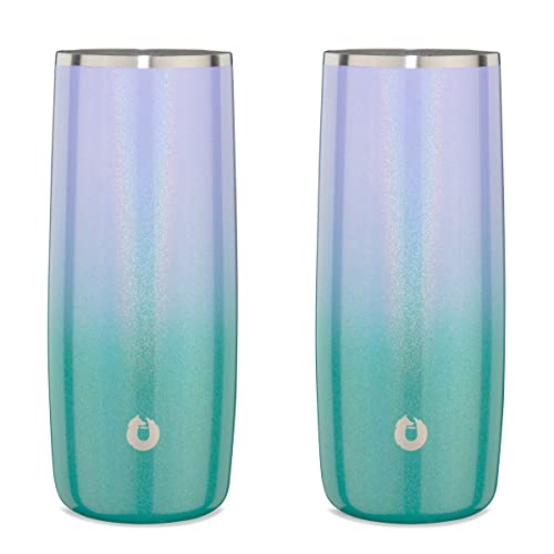 Snowfox Premium Vacuum Insulated Stainless Steel Cocktail Glass/Drink Tumbler, Set of 2, Drinks Stay Icy Cold, Thermal Highball Glasses, Elegant Home Entertaining, Classic Barware, 14.5 oz, Mermaid
