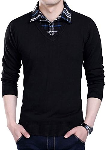 Also Easy pullover men cotton sweater Slim Fit V-Neck men polo sweaters plus size XS-6XL F022 Black M