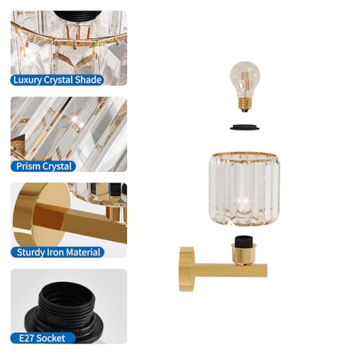 ANWIO Gold Crystal Wall Light, Modern Wall Light with E27 Base, Crystal Glass Wall Lights Interior, Wall Lamp for Bedroom, Kitchen, 2 Units (Bulbs Excluded)