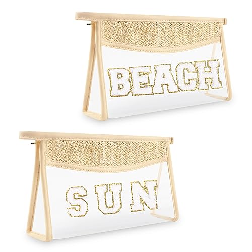 Photo 1 of 2 PCS Small Boho Straw Clear Beach Makeup Bags for Women, Zipper Cosmetic Bag Chenille Varsity Letter Patch Bag, Preppy Cute Toiletry Pouch, Trendy Organizer Storage Bag for Beach Travel(Beach,Sun)