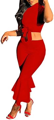 Kaximil Women's Solid Color T-Shirt Lace up Crop Top + Long Pants Sexy Jumpsuits 2 Pieces Outfits Rompers