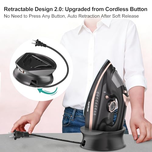 Martisan Cordless Iron for Clothes, 1600W, Wireless, Rapid Heating, Retractable Cord, Power Charging Base, Ceramic Soleplate, Auto-off, Anti-calc, Anti-drip, Self Clean
