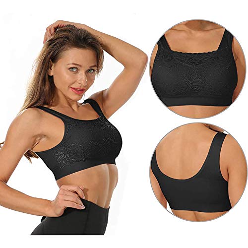 Sakoid 3 Pack Solid Color Lace Bra Women\'s Medium Support Cross Back Wirefree Removable Cups Yoga Sport Bra, New
