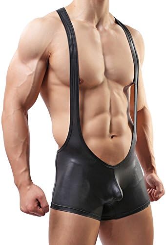 DULEE Men's Faux Leather Stretch Bulge Pouch Bodywear Bodysuits Jockstrap Wrestling Singlet Outfits Underwear