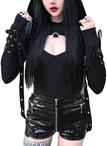 Enfei Womens Sexy Hoodies Bandage Metal Crop Tops Halloween Costume Hooded Pullover Sweatshirts for Gothic Girl