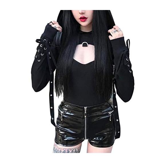 Enfei-Womens-Sexy-Hoodies-Bandage-Metal-Crop-Tops-Halloween-Costume-Hooded-Pullover-Sweatshirts-for-Gothic-Girl-Black