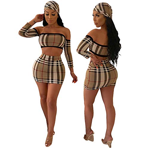 Womens Sexy Stripe Off Shoulder Tops Mini Skirt Jumpsuits with Scarf 3 Piece Outfits