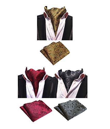 MOHSILY Mens Luxury Paisley 3 Pack Cravat Silk Ascot Scarf Tie Pocket Square Set