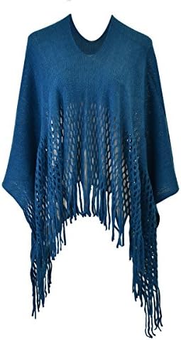 Le Nom Classic Solid Color Knitted Fringe Poncho (Teal)