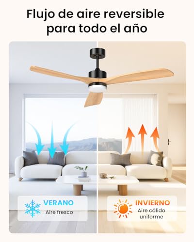 Ventilador de Techo de 60 Pulgadas con Aspas de Madera Sólida, Luz Led y Control Remoto – 3 Aspas, Ideal para Salas Grandes