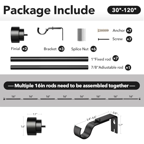 IFELS Heavy Duty Curtain Rods for Windows 66 to 120 Inch,1 Inch Adjustable Black Curtain Rod with Easy Installation and Modern Design,Decorative Long Drapery Rods with Metal Finials (A1,Black,30-120")