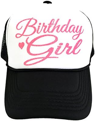 Birthday Girl Heart Neon Pink/White Trucker Hat with Neon Pink Glitter Lettering by High Limit