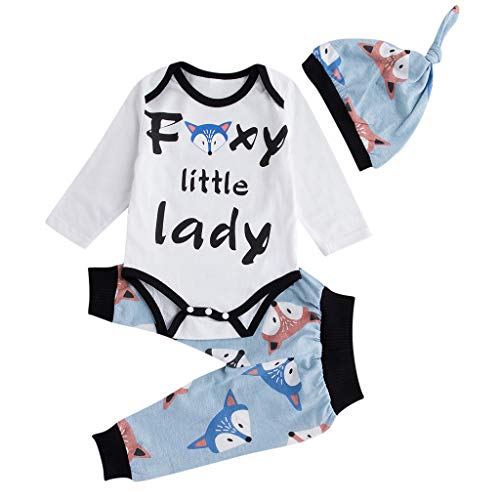 Little Story 0-24M Children's Long-Sleeved Cartoon Alphabet Fox Print Hakama + Animal Print Trousers + hat Set Toddler Kid Blue