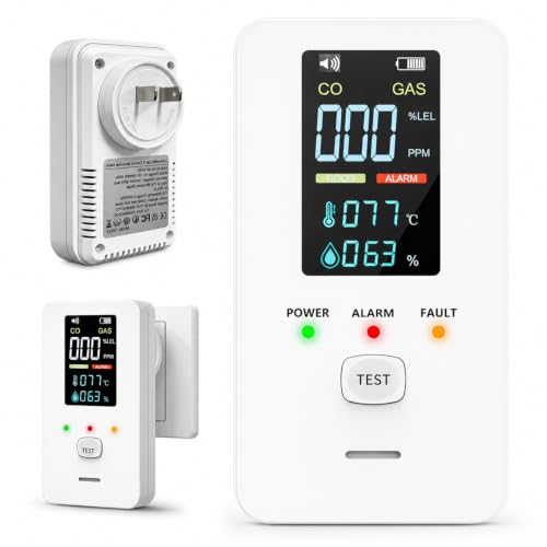 Detector de Gas y Monóxido de Carbono 6 en 1, Alarma Enchufable para Gas LP y Gas Natural, Detector de CO con Temperatura y Humedad, Alarma Sonora de 85 dB y Pantalla LCD, para Cocina, Hogar y Hotel